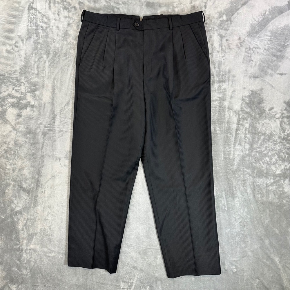 Bachrach Pleated Dress Pants Men's‎ Size 40x32 Black Herringbone Trousers Slacks